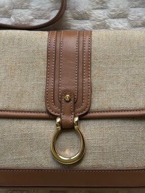 Etienne Aigner Tan Beige Linen Canvas Shoulder Bag Gold Hardware Flapover